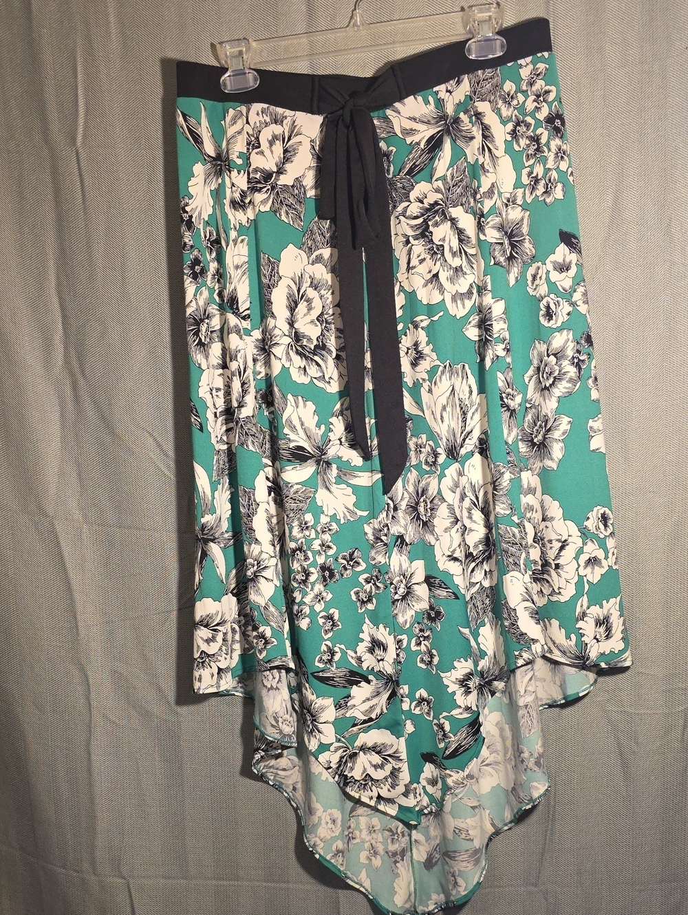 Floral Teal Midi Skirt with Black Waist Tie